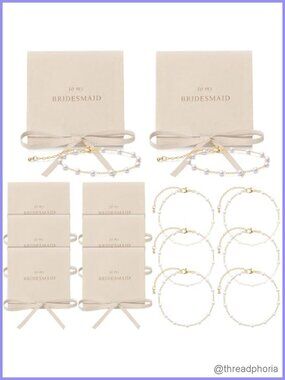 Bridesmaid Pearl Bracelets Set of 8 with Pouches Gold Plated Zinc Alloy 7.9